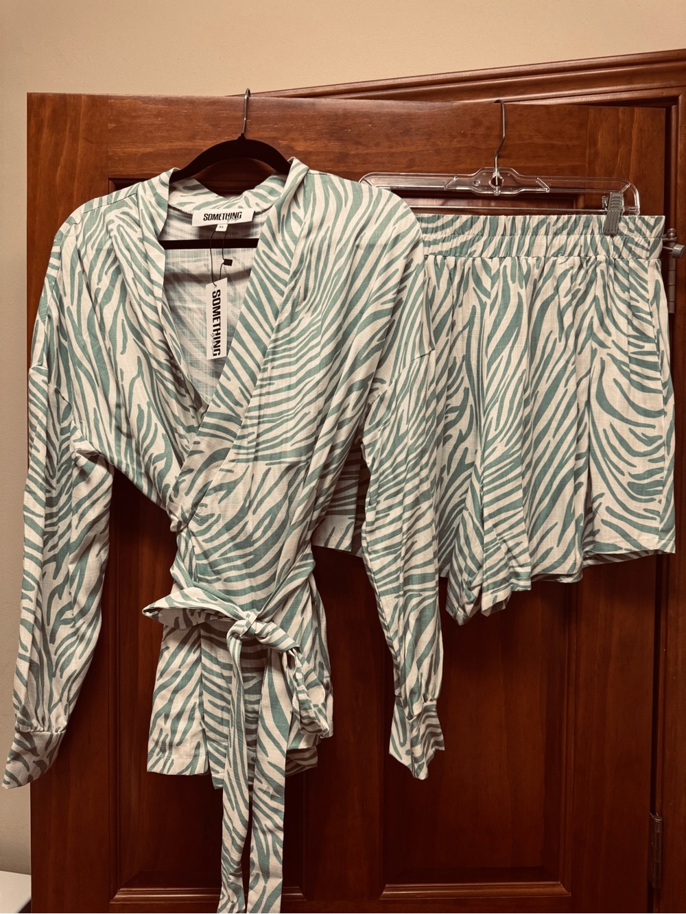Something by Sonjia Light Green Zebra-Print Wrap Top and matching shorts - Picture 2 of 13